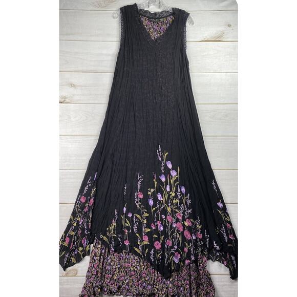 Lola P Dresses & Skirts - Lola P Floral Maxi Dress L Black Lined Layered Crinkled Sleeveless Whimsygoth